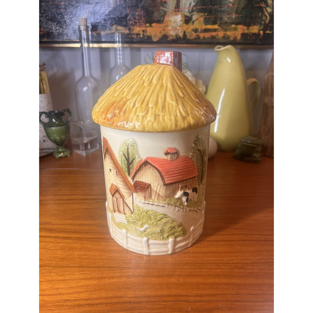 Vintage MARKS & ROSENFELD Thatched Roof Barn Farmhouse Canister 9.5" Cottagecore